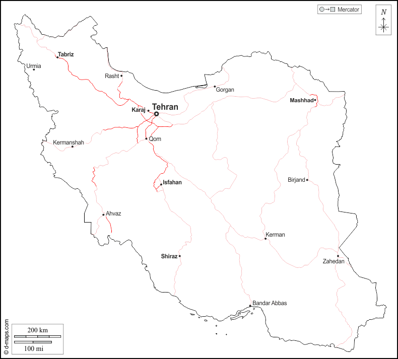 Iran : d-maps.com: mappa gratuita, mappa muta gratuita, cartina muta gratuita : contorni, principali città, strade, nomi, bianco