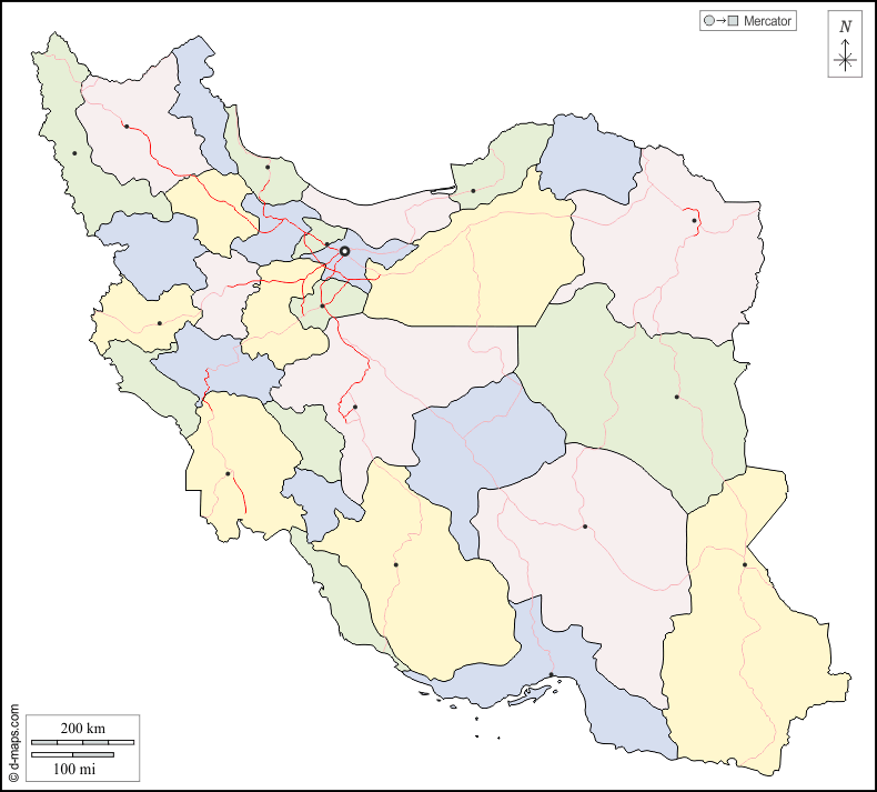 Iran : d-maps.com: mappa gratuita, mappa muta gratuita, cartina muta gratuita : contorni, province, principali città, strade, colore, bianco