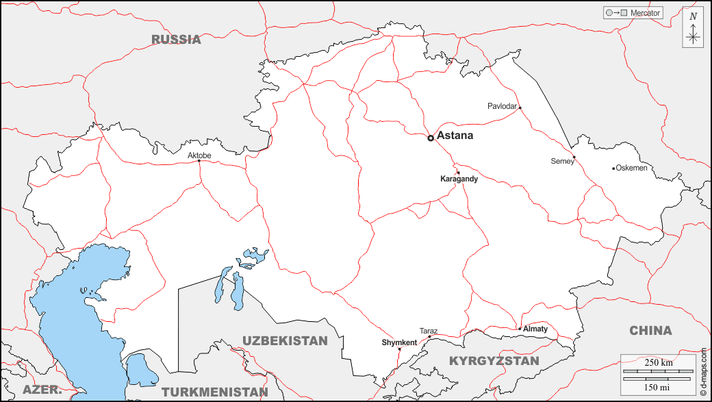 Kazakistan : d-maps.com: mappa gratuita, mappa muta gratuita, cartina muta gratuita : frontiere, principali città, strade, nomi