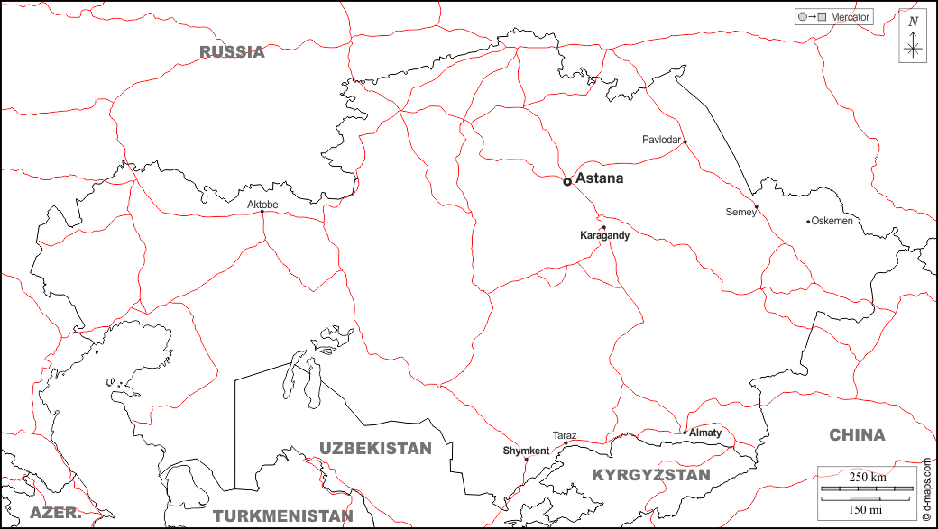 Kazakistan : d-maps.com: mappa gratuita, mappa muta gratuita, cartina muta gratuita : frontiere, principali città, strade, nomi, bianco