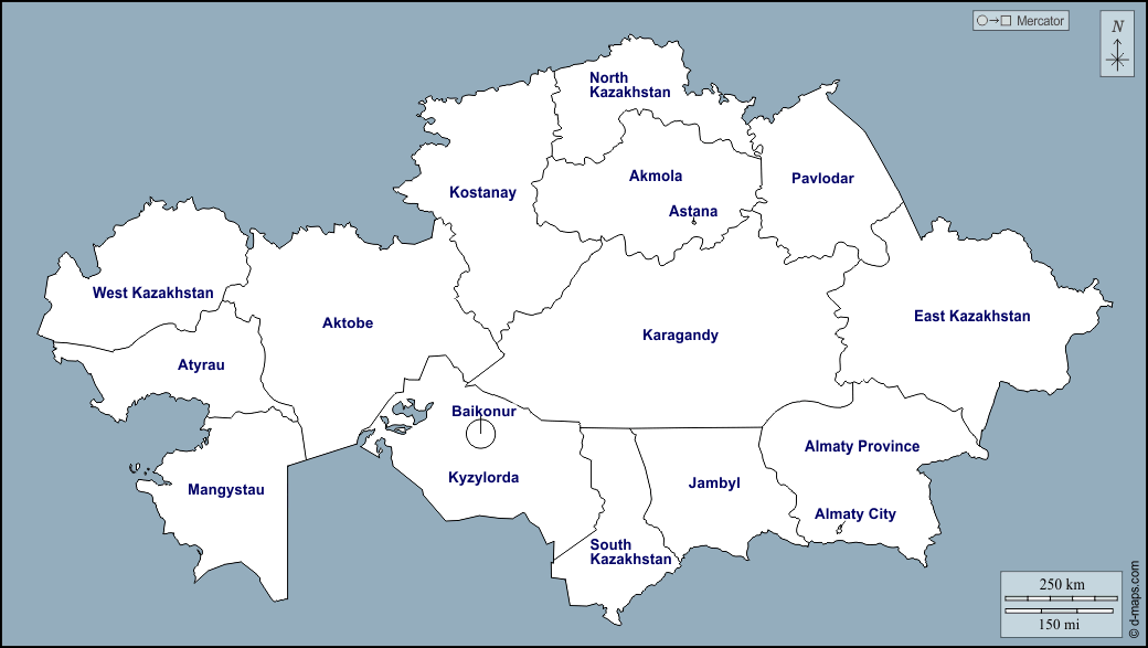 Kazakistan : d-maps.com: mappa gratuita, mappa muta gratuita, cartina muta gratuita : contorni, province, nomi