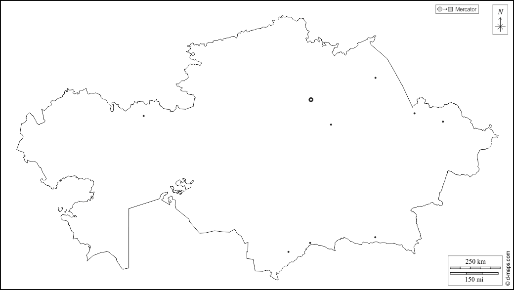 Kazakistan : d-maps.com: mappa gratuita, mappa muta gratuita, cartina muta gratuita : contorni, principali città, bianco