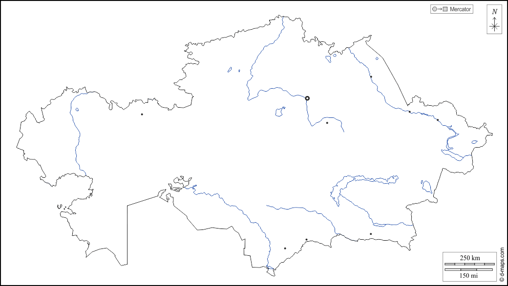 Kazakistan : d-maps.com: mappa gratuita, mappa muta gratuita, cartina muta gratuita : contorni, idrografia, principali città, bianco