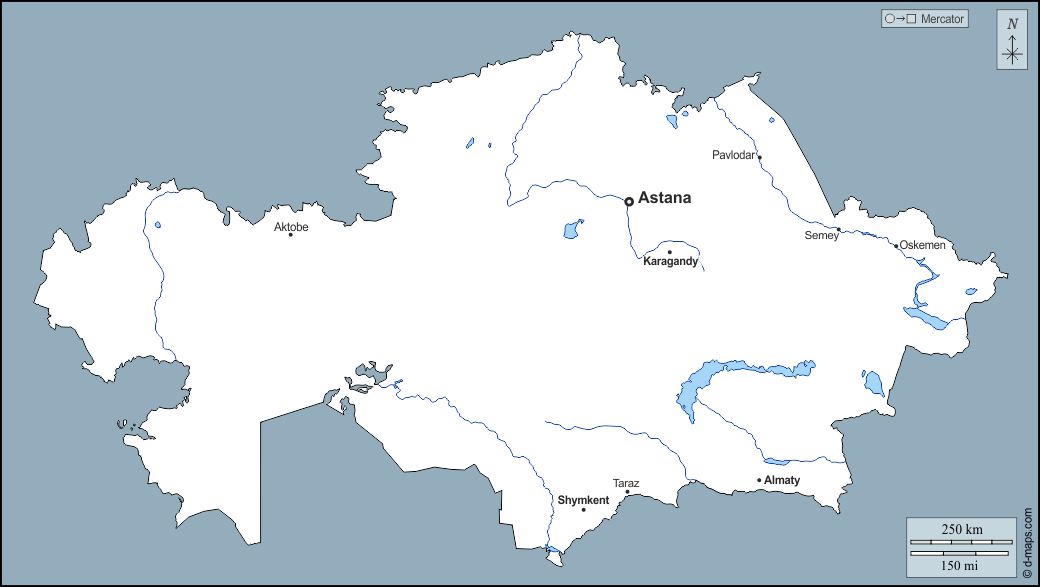 Kazakistan : d-maps.com: mappa gratuita, mappa muta gratuita, cartina muta gratuita : contorni, idrografia, principali città, nomi