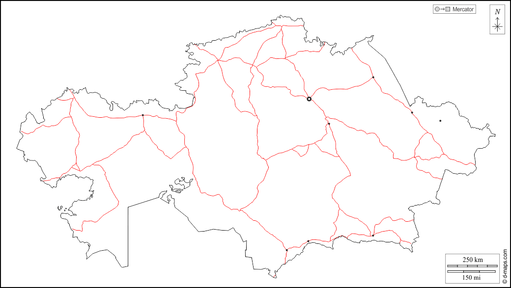 Kazakistan : d-maps.com: mappa gratuita, mappa muta gratuita, cartina muta gratuita : contorni, principali città, strade, bianco
