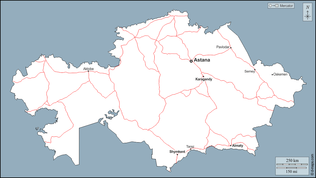 Kazakistan : d-maps.com: mappa gratuita, mappa muta gratuita, cartina muta gratuita : contorni, principali città, strade, nomi