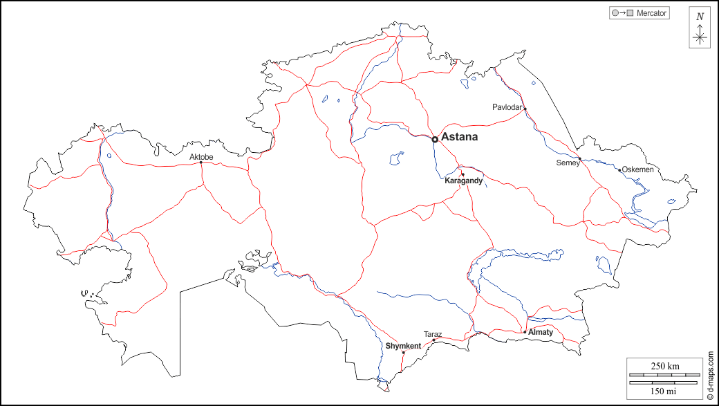 Kazakistan : d-maps.com: mappa gratuita, mappa muta gratuita, cartina muta gratuita : contorni, idrografia, principali città, strade, nomi, bianco