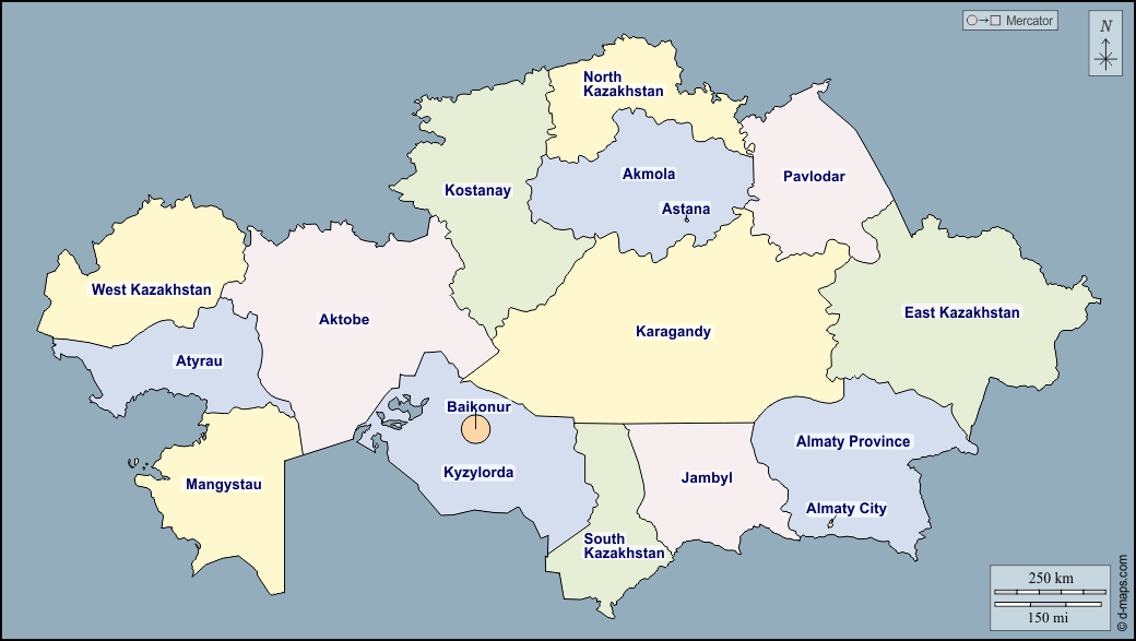 Kazakistan : d-maps.com: mappa gratuita, mappa muta gratuita, cartina muta gratuita : contorni, province, nomi, colore