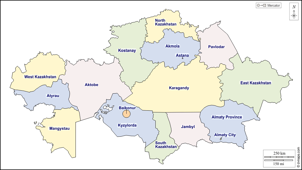 Kazakistan : d-maps.com: mappa gratuita, mappa muta gratuita, cartina muta gratuita : contorni, province, nomi, colore, bianco
