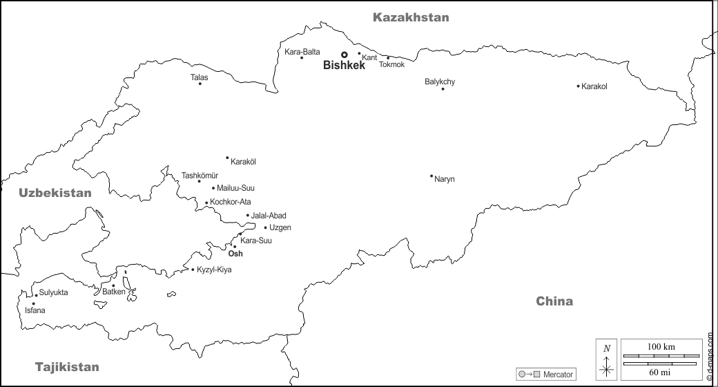 Kirghizistan : d-maps.com: mappa gratuita, mappa muta gratuita, cartina muta gratuita : frontiere, principali città, nomi, bianco