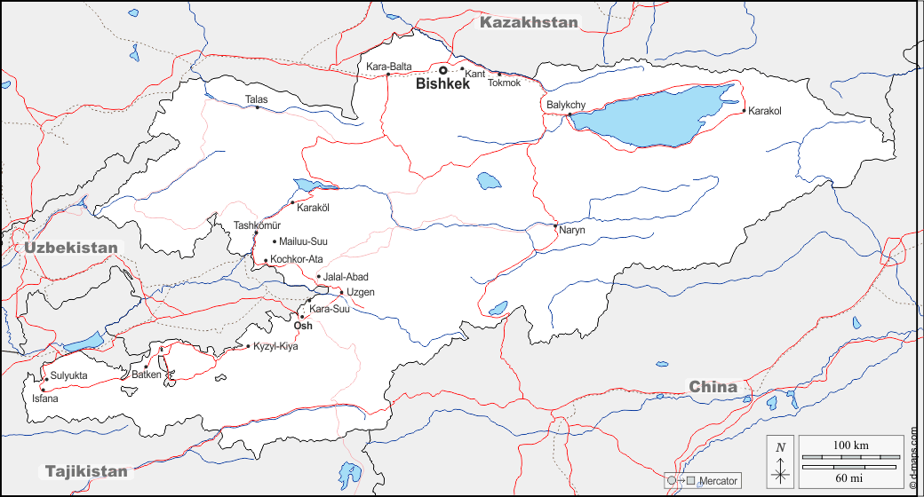 Kirghizistan : d-maps.com: mappa gratuita, mappa muta gratuita, cartina muta gratuita : frontiere, idrografia, principali città, strade, nomi