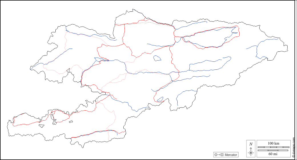 Kirghizistan : d-maps.com: mappa gratuita, mappa muta gratuita, cartina muta gratuita : contorni, idrografia, strade, bianco