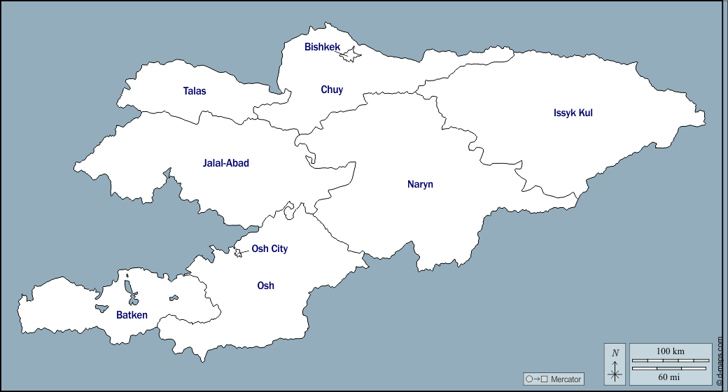Kirghizistan : d-maps.com: mappa gratuita, mappa muta gratuita, cartina muta gratuita : contorni, province, nomi