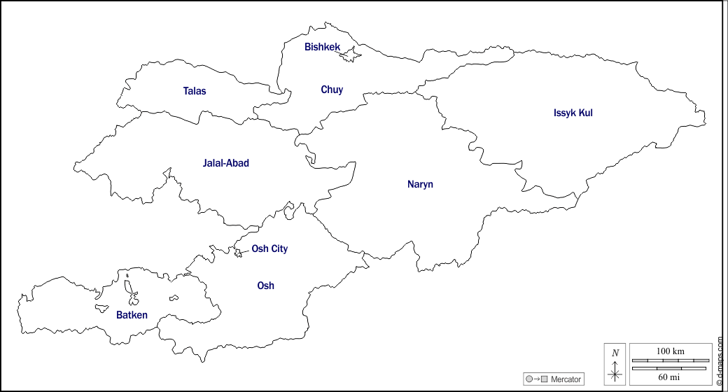 Kirghizistan : d-maps.com: mappa gratuita, mappa muta gratuita, cartina muta gratuita : contorni, province, nomi, bianco