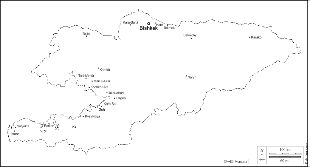 Kirghizistan : d-maps.com: mappa gratuita, mappa muta gratuita, cartina muta gratuita : contorni, principali città, nomi, bianco