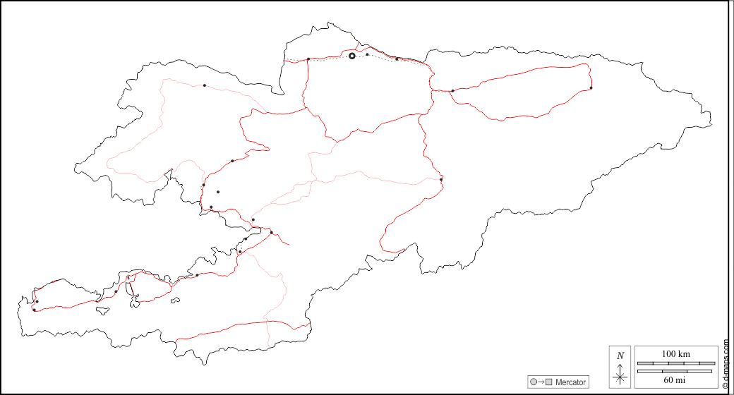 Kirghizistan : d-maps.com: mappa gratuita, mappa muta gratuita, cartina muta gratuita : contorni, principali città, strade, bianco