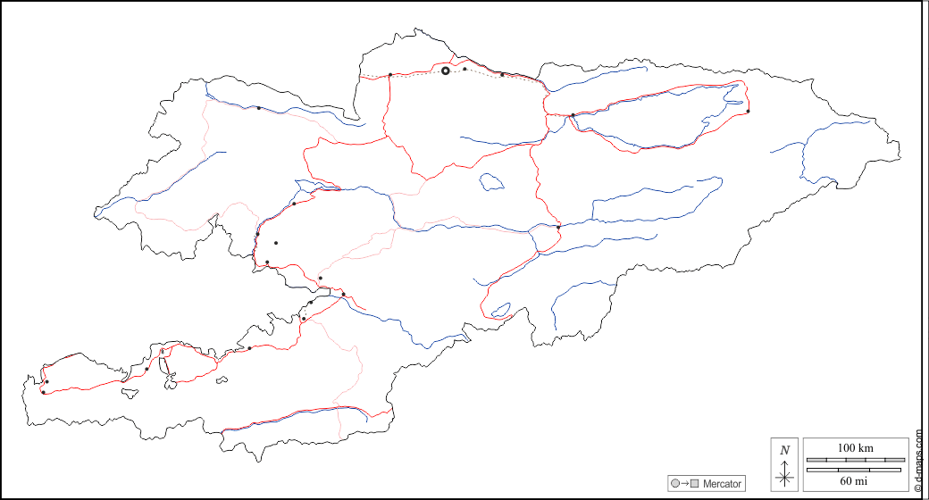 Kirghizistan : d-maps.com: mappa gratuita, mappa muta gratuita, cartina muta gratuita : contorni, idrografia, principali città, strade, bianco