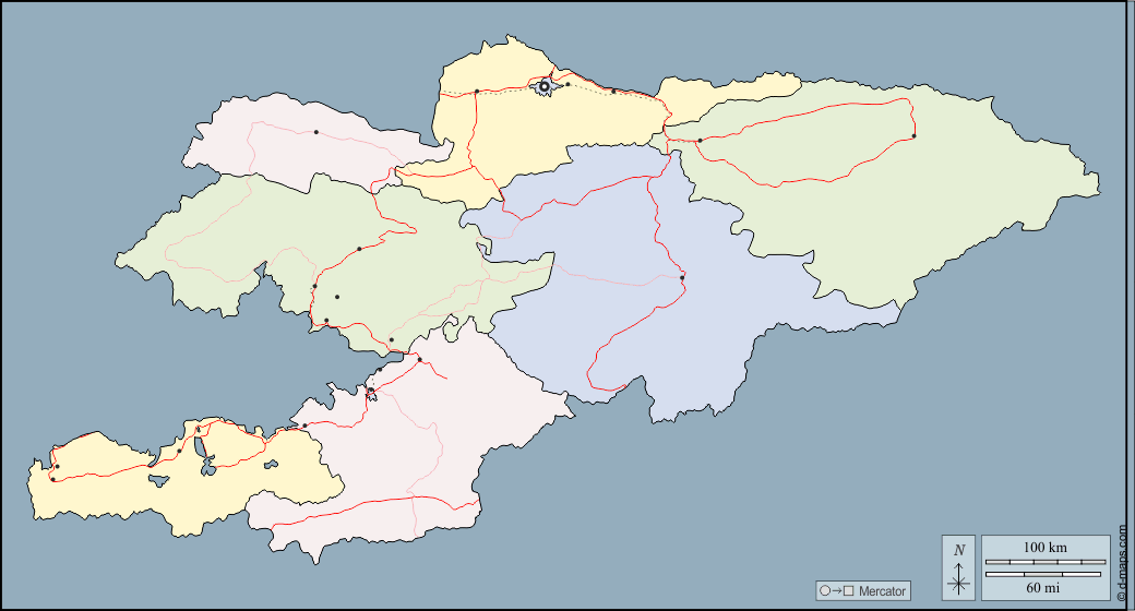 Kirghizistan : d-maps.com: mappa gratuita, mappa muta gratuita, cartina muta gratuita : contorni, province, principali città, strade, colore