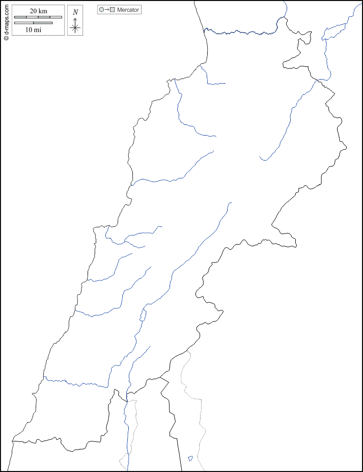 Libano : d-maps.com: mappa gratuita, mappa muta gratuita, cartina muta gratuita : frontiere, idrografia, bianco