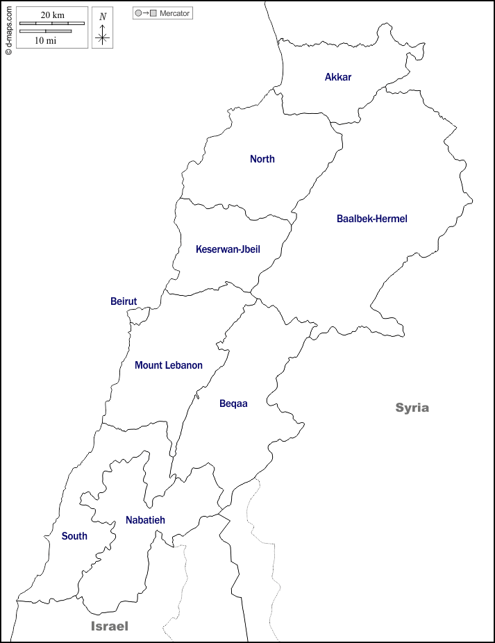 Libano : d-maps.com: mappa gratuita, mappa muta gratuita, cartina muta gratuita : frontiere, governatorati, nomi, bianco