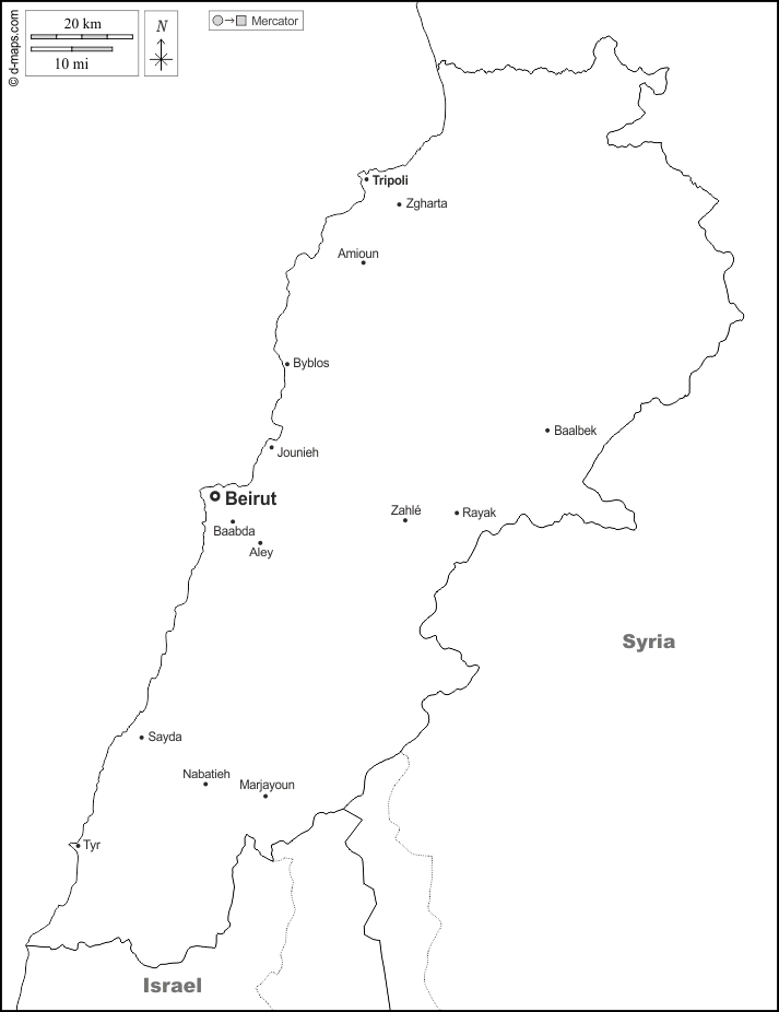 Libano : d-maps.com: mappa gratuita, mappa muta gratuita, cartina muta gratuita : frontiere, principali città, nomi, bianco