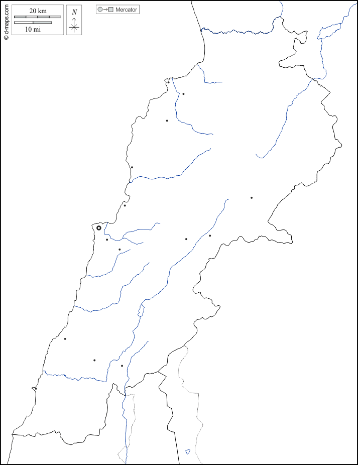 Libano : d-maps.com: mappa gratuita, mappa muta gratuita, cartina muta gratuita : frontiere, idrografia, principali città, bianco