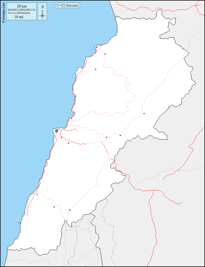 Libano : d-maps.com: mappa gratuita, mappa muta gratuita, cartina muta gratuita : frontiere, principali città, strade