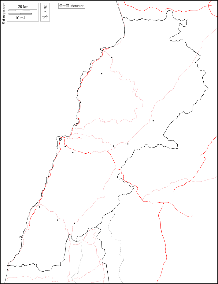 Libano : d-maps.com: mappa gratuita, mappa muta gratuita, cartina muta gratuita : frontiere, principali città, strade, bianco
