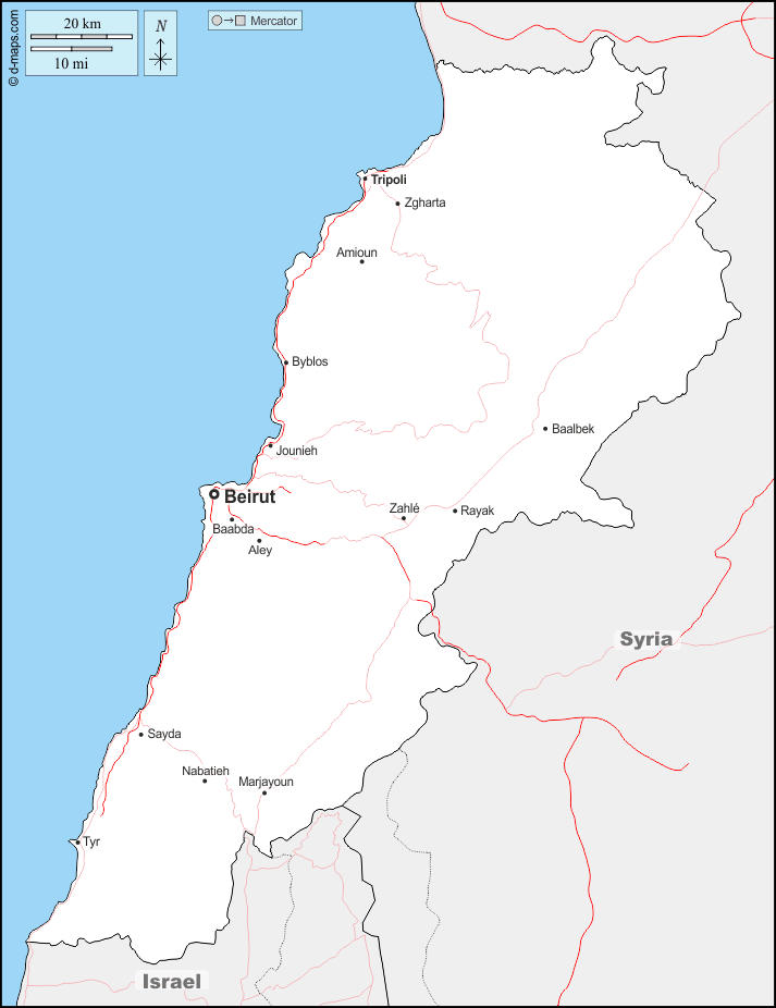 Libano : d-maps.com: mappa gratuita, mappa muta gratuita, cartina muta gratuita : frontiere, principali città, strade, nomi