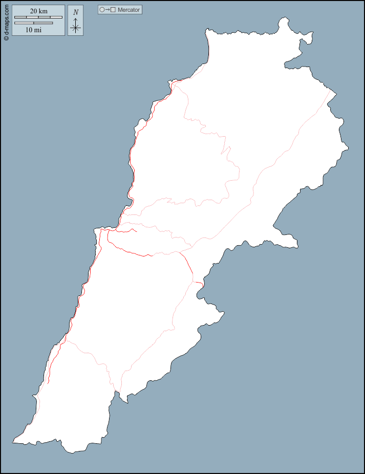 Libano : d-maps.com: mappa gratuita, mappa muta gratuita, cartina muta gratuita : contorni, strade