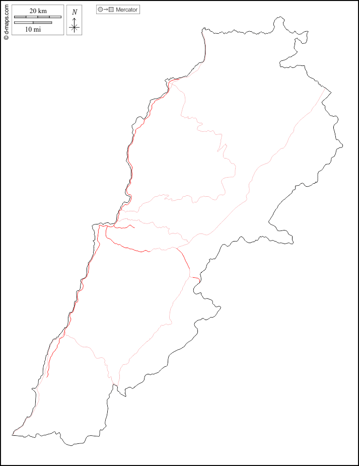Libano : d-maps.com: mappa gratuita, mappa muta gratuita, cartina muta gratuita : contorni, strade, bianco