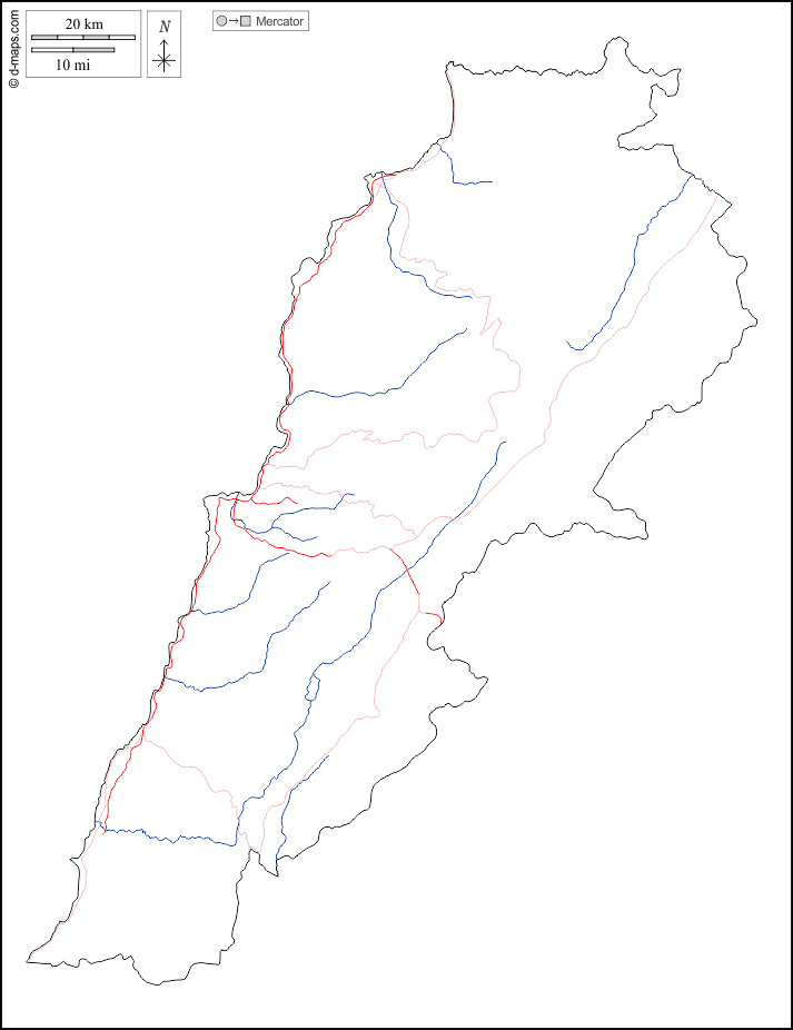 Libano : d-maps.com: mappa gratuita, mappa muta gratuita, cartina muta gratuita : contorni, idrografia, strade, bianco