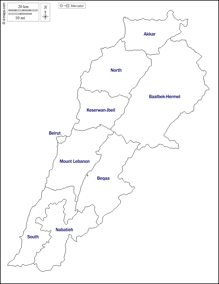 Libano : d-maps.com: mappa gratuita, mappa muta gratuita, cartina muta gratuita : contorni, governatorati, nomi, bianco