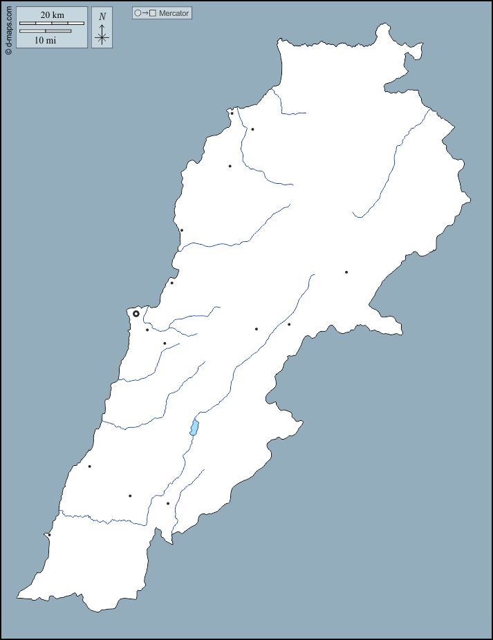 Libano : d-maps.com: mappa gratuita, mappa muta gratuita, cartina muta gratuita : contorni, idrografia, principali città
