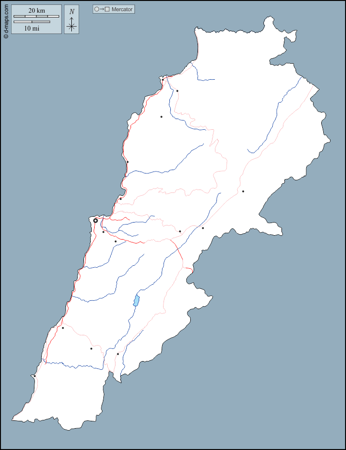 Libano : d-maps.com: mappa gratuita, mappa muta gratuita, cartina muta gratuita : contorni, idrografia, principali città, strade
