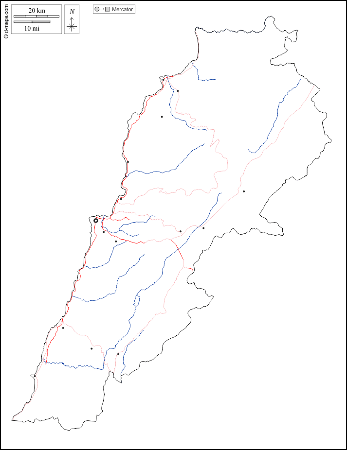 Libano : d-maps.com: mappa gratuita, mappa muta gratuita, cartina muta gratuita : contorni, idrografia, principali città, strade, bianco