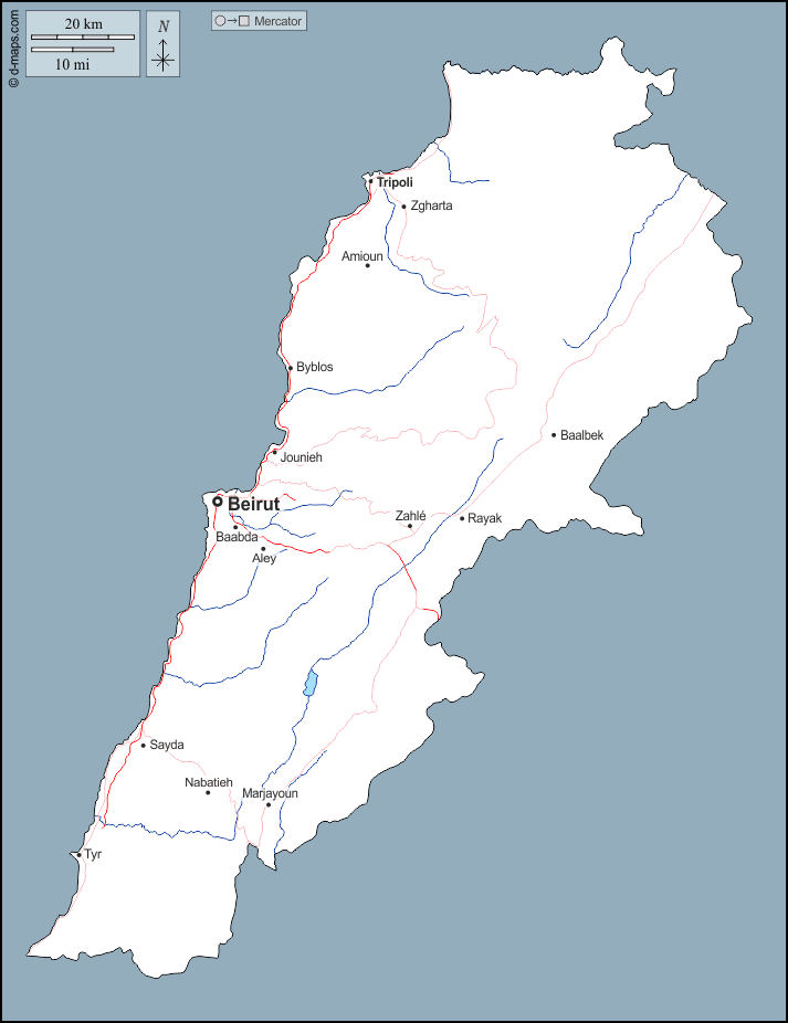 Libano : d-maps.com: mappa gratuita, mappa muta gratuita, cartina muta gratuita : contorni, idrografia, principali città, strade, nomi