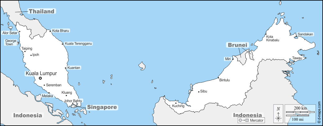 Malaysia : d-maps.com: mappa gratuita, mappa muta gratuita, cartina muta gratuita : frontiere, principali città, nomi