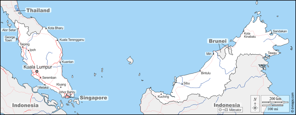 Malaysia : d-maps.com: mappa gratuita, mappa muta gratuita, cartina muta gratuita : frontiere, idrografia, principali città, strade, nomi