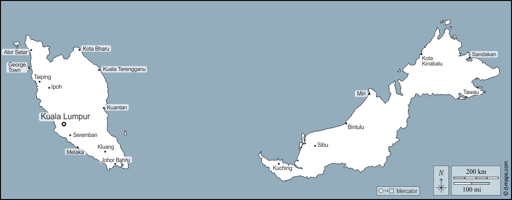 Malaysia : d-maps.com: mappa gratuita, mappa muta gratuita, cartina muta gratuita : contorni, principali città, nomi