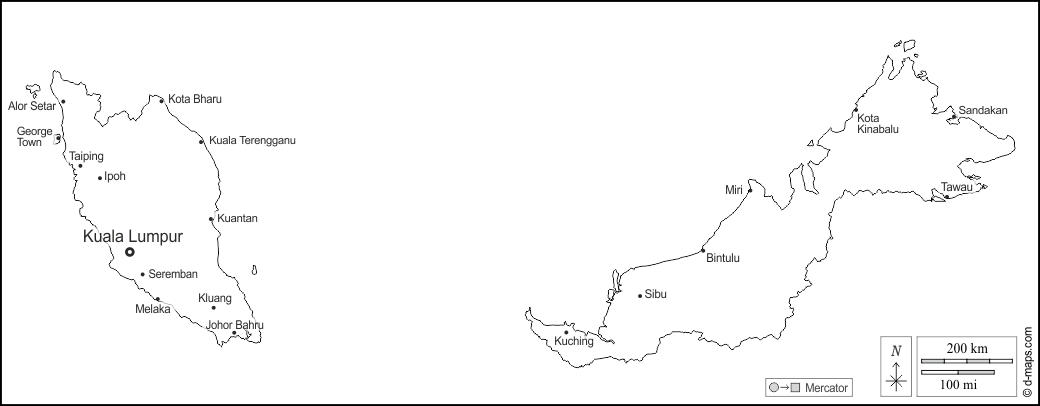 Malaysia : d-maps.com: mappa gratuita, mappa muta gratuita, cartina muta gratuita : contorni, principali città, nomi, bianco