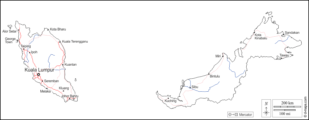Malaysia : d-maps.com: mappa gratuita, mappa muta gratuita, cartina muta gratuita : contorni, idrografia, principali città, strade, nomi, bianco