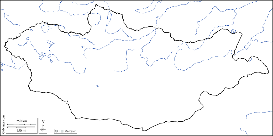 Mongolei : d-maps.com: Kostenlose Karten, kostenlose stumme Karte, kostenlose unausgefüllt Landkarte, kostenlose hochauflösende Umrisskarte : Küsten, Grenzen, Hydrografie, weiß