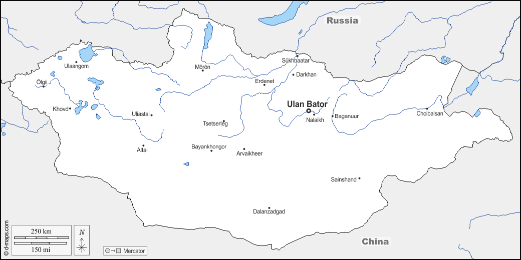 Mongolia : d-maps.com: mappa gratuita, mappa muta gratuita, cartina muta gratuita : frontiere, idrografia, principali città, nomi