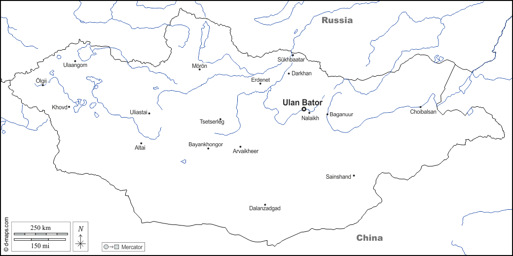 Mongolia : d-maps.com: mappa gratuita, mappa muta gratuita, cartina muta gratuita : frontiere, idrografia, principali città, nomi, bianco