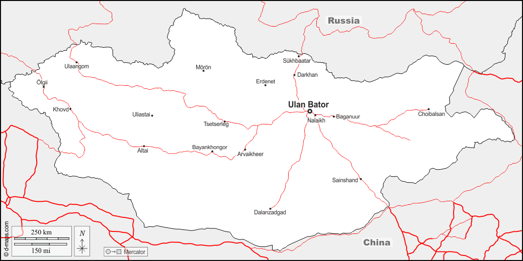 Mongolia : d-maps.com: mappa gratuita, mappa muta gratuita, cartina muta gratuita : frontiere, principali città, strade, nomi