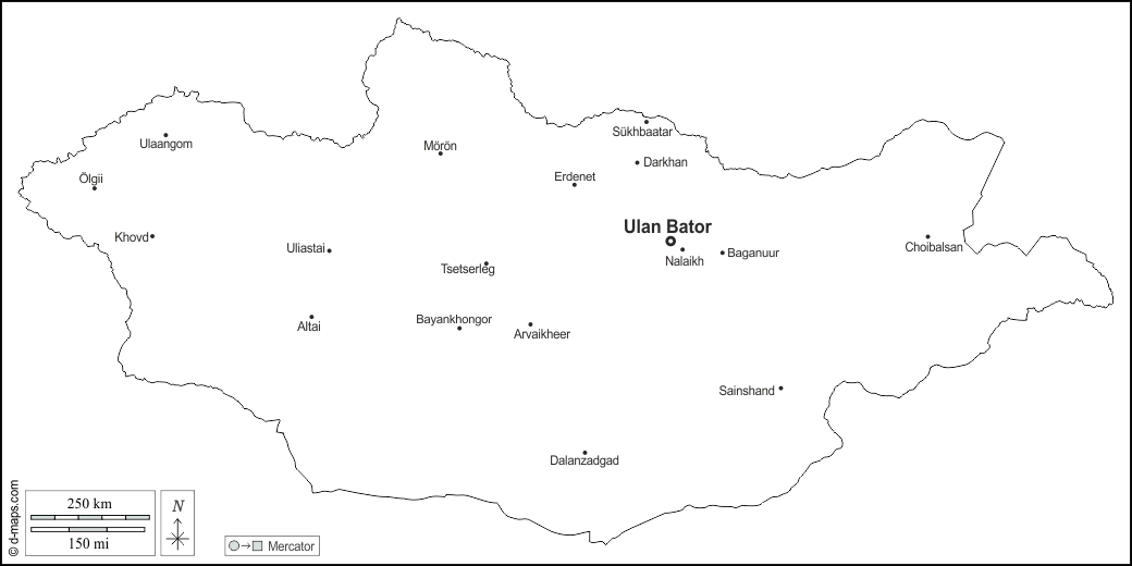 Mongolia : d-maps.com: mappa gratuita, mappa muta gratuita, cartina muta gratuita : contorni, principali città, nomi, bianco