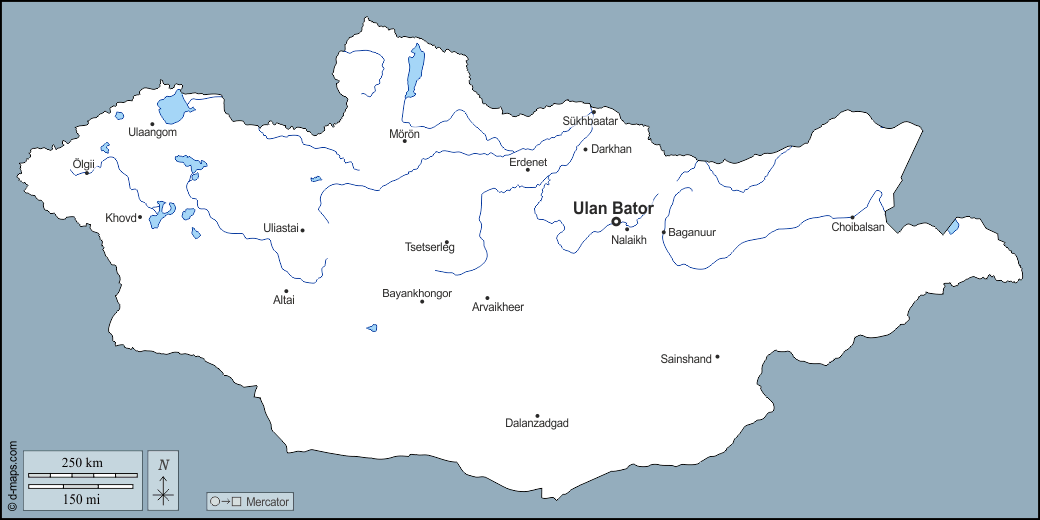 Mongolia : d-maps.com: mappa gratuita, mappa muta gratuita, cartina muta gratuita : contorni, idrografia, principali città, nomi