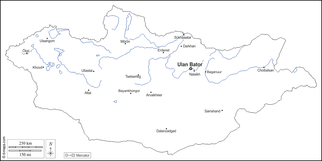 Mongolia : d-maps.com: mappa gratuita, mappa muta gratuita, cartina muta gratuita : contorni, idrografia, principali città, nomi, bianco