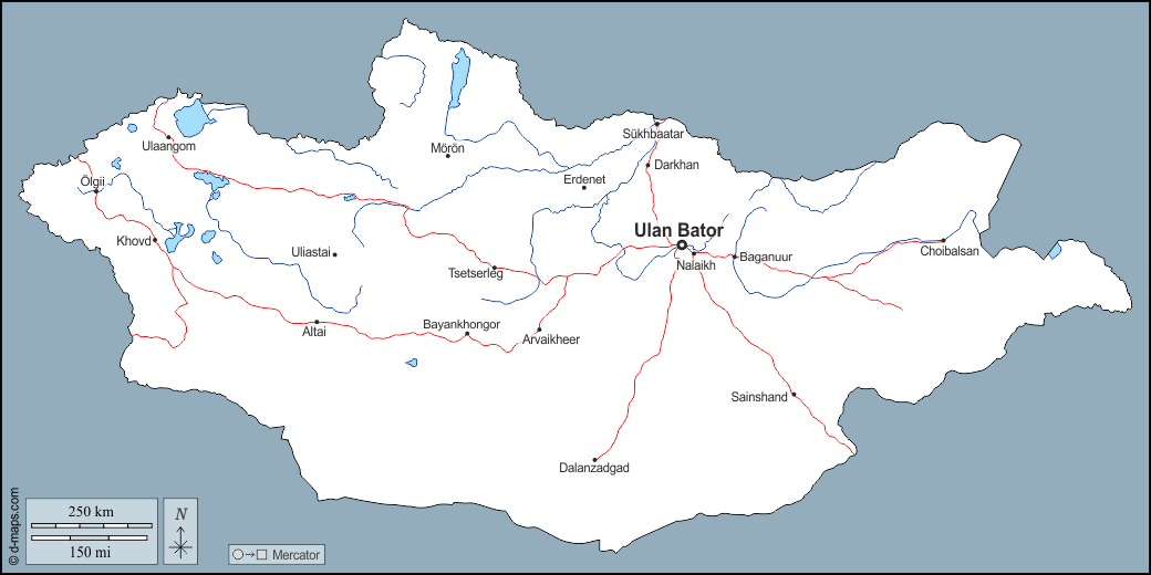Mongolia : d-maps.com: mappa gratuita, mappa muta gratuita, cartina muta gratuita : contorni, idrografia, principali città, strade, nomi